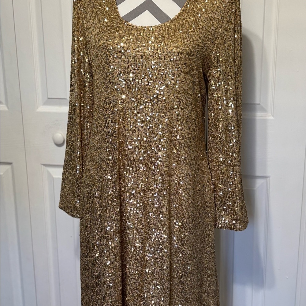 Soft Surroundings Gold Sequin Midi Dress Holiday New Years Eve Party
